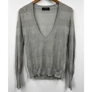 Club Monaco Sweater Gray‎ 100% Linen Striped V-Neck Pullover Size XS